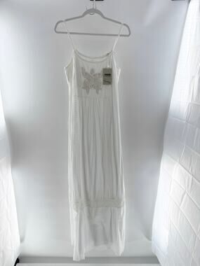 Sleeveless Spaghetti Strap Scoop Neck Slip Maxi Dress w/ Crochet Pattern White S